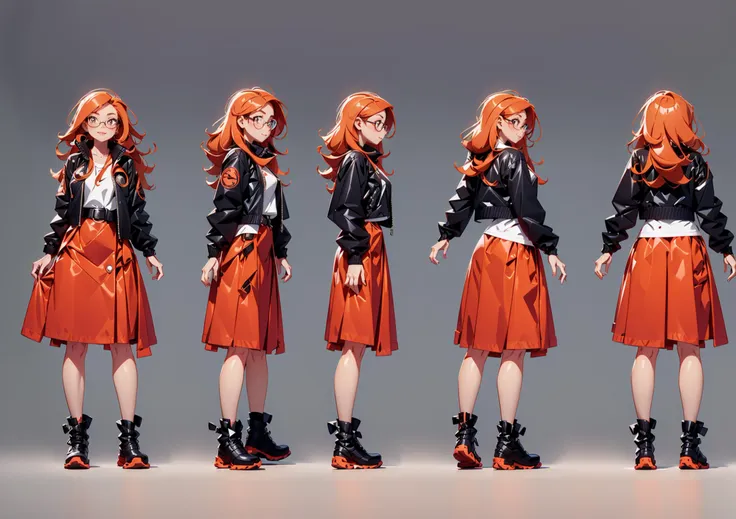 Back view,front view,side view,multiple view,concept art,hand drawing,modern clothing design,1girl,long hair,black footwear,multiple views,boots,orange hair,jacket,gradient,belt,gradient background,long sleeves,glasses,white jacket,looking at viewer,standing,skirt,dress,plaid,grey background,open clothes,full body,open jacket,bow,smile,jewelry,red skirt,<lora:Multi-viewV2:0.8>,