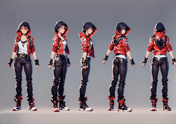 rear view,rear side view,front view,front side view,side view,multi view,concept art,hand drawn drawing,mechanical prosthetic design,1girl,gloves,yellow jacket,red hair,black pants,belt,shoes,gray background,hold,sneakers,fingerless gloves,gradient background,<lora:Multi-view V2:1>,