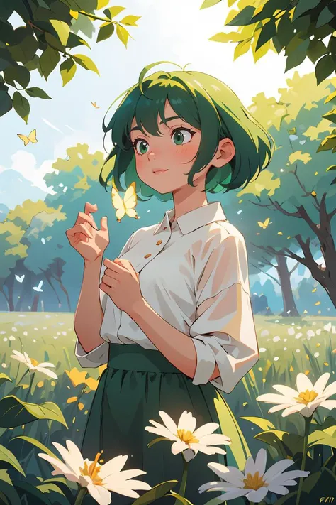 High detail,super detail,super high resolution,girl with short green hair enjoying her time in the open field,surrounded by the beauty of nature,warm sun sprinkling on her,white flowers gently swaying in the breeze. Butterflies and birds flutter around her,adding to the playful atmosphere,, <lora:GoodHands-beta2:1>