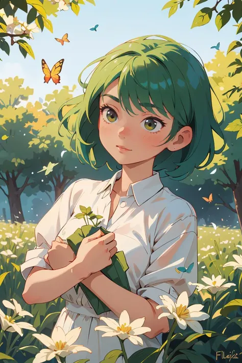 High detail,super detail,super high resolution,girl with short green hair enjoying her time in the open field,surrounded by the beauty of nature,warm sun sprinkling on her,white flowers gently swaying in the breeze. Butterflies and birds flutter around her,adding to the playful atmosphere,