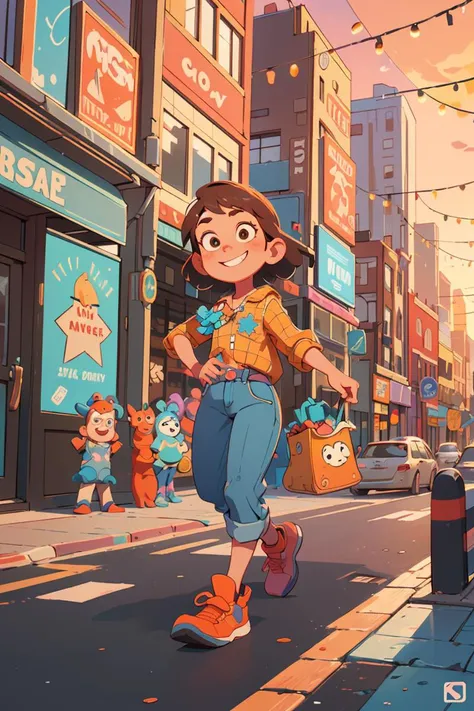 Craft a delightful 3D Pixar character,akin to the magic of Toy Story,set in a digital illustration of a bustling cityscape at dusk. Imagine hues of cool blues and warm oranges. The character,with a mischievous grin,navigates the urban landscape filled with animated objects,