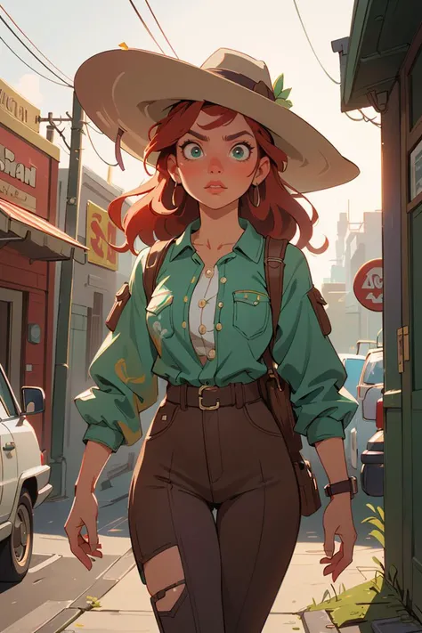 retro atompunk cowboy, solo, adventurer of the outdoors, neon colors, natural skin, steampunk horse, cowboy hat, walking down a retro atompunk street, (beautiful face:1.1), amazing body, sexy, (detailed eyes:1.1), (luscious lips:1.1), large eyes, green brown eyes, (red hair:1.2), beautiful lighting, sunlight, 2girls, by (Bob Byerley:1.2|Artgerm:1.1), realistic, (absurd res:1.1), (moody lighting:1.2), bokeh, photorealistic, Fujifilm XT3, Ultra Realistic, High quality, Highly detailed, trending on artstation, intricate detailed background