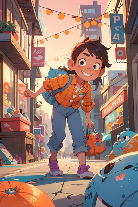 Craft a delightful 3D Pixar character,akin to the magic of Toy Story,set in a digital illustration of a bustling cityscape at dusk. Imagine hues of cool blues and warm oranges. The character,with a mischievous grin,navigates the urban landscape filled with animated objects,