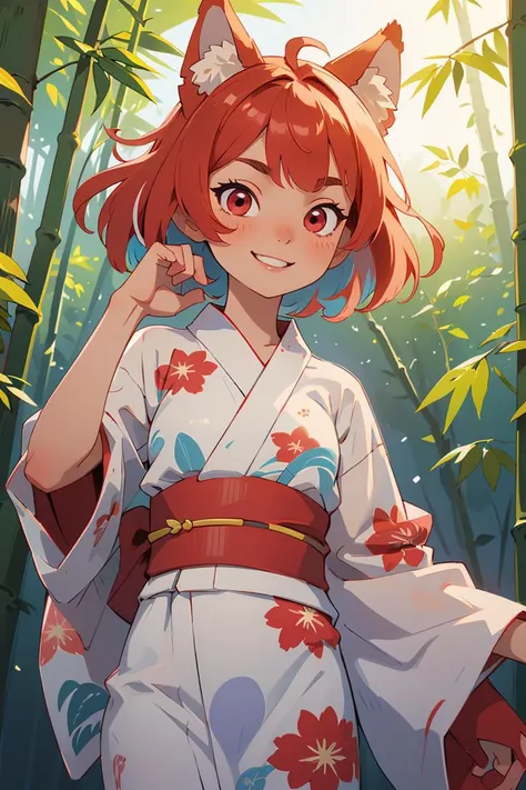 masterpiece, an extremely cute and beautiful girl, (finely detailed beautiful eyes and detailed face), 1girl, solo, cute, smile, animal ears, wolf ears, red eyes, cowboy shot, (bule detailed yukata), BREAK, Tanabata Festival, bamboo forest background,stylish pose, Atmospheric Perspective, multicolored hair, very short hair,<lora:GoodHands-vanilla:1>,<lora:GPTS4 dreamwave full_478773:0.3>,