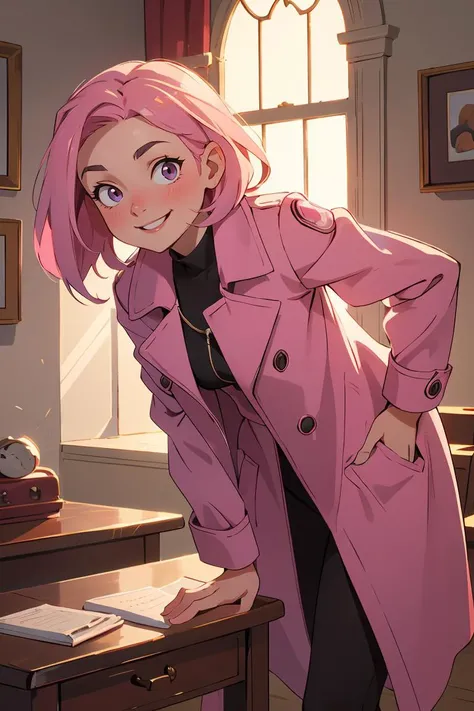 masterpiece,best quality,1girl, leaning forward coat pink hair shadow dramatic lighting Georgeana Ireland matrix ,smile, <lora:GoodHands-beta2:1>