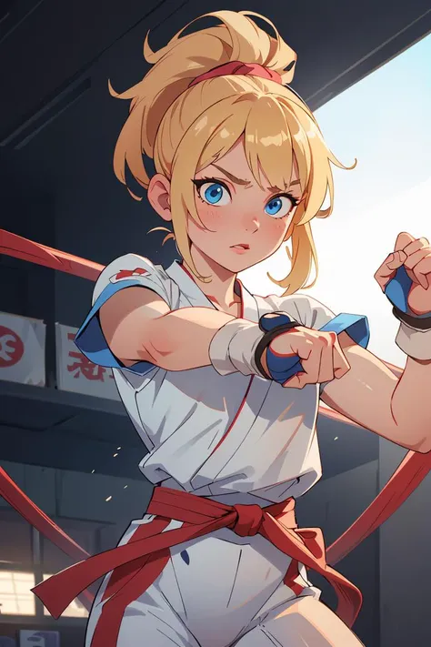 masterpiece, ultra high quality CG, best quality, perfect picture, solo, lidia sobieska (tekken, blond hair with high ponytail, blue eyes, bow, strong), karate pose, wearing a sexy karate outfit, in a fighting stadium, depth of field, highly detailed background