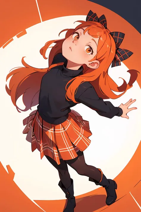 masterpiece,best quality,1girl,solo,long hair,skirt,pantyhose,boots,plaid,orange hair,plaid skirt,hair bow,looking up ,  <lora:GoodHands-beta2:1>