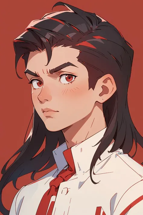 (masterpiece, best quality:1.2) high detail,official art,(1man:1.2),short hair,(Undercut With Long Hair:1.2),looking down,red simple background,portrait,red theme,