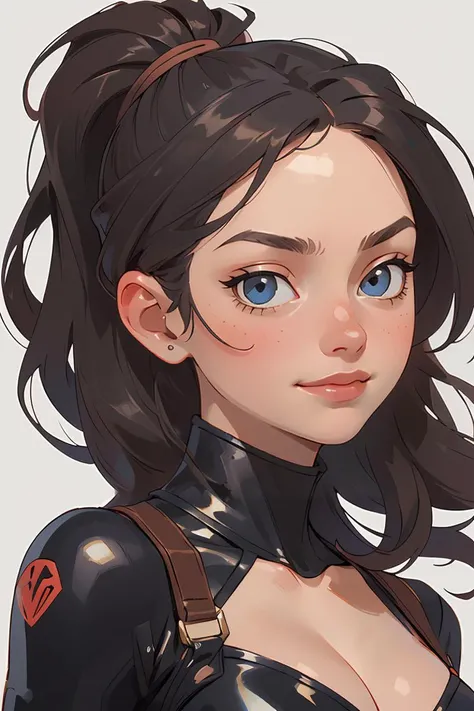 (masterpiece, best quality:1.4),high detail,(detailed face),detailed eyes,1girl,feature,(masterpiece, best quality),bsdm,high ponytail,black hair,leather,catsuit,highly detailed,cleavage,smirk,(detailed face:1.2),<lora:GPTS4 dreamwave full_478773:0.3>,<lora:GoodHands-beta2:1>