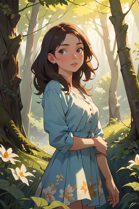 1 beautiful woman,detailed face floral dress Andrew Wyeth forest warm sun light,scenery, <lora:GoodHands-beta2:1>