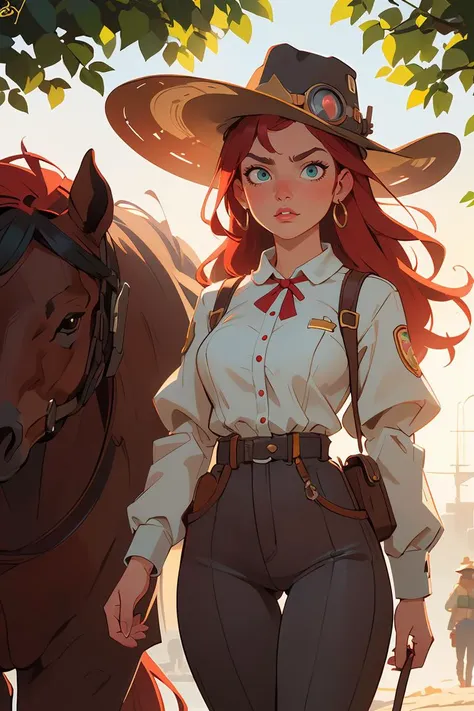 retro atompunk cowboy, solo, adventurer of the outdoors, neon colors, natural skin, steampunk horse, cowboy hat, walking down a retro atompunk street, (beautiful face:1.1), amazing body, sexy, (detailed eyes:1.1), (luscious lips:1.1), large eyes, green brown eyes, (red hair:1.2), beautiful lighting, sunlight, 2girls, by (Bob Byerley:1.2|Artgerm:1.1), realistic, (absurd res:1.1), (moody lighting:1.2), bokeh, photorealistic, Fujifilm XT3, Ultra Realistic, High quality, Highly detailed, trending on artstation, intricate detailed background,scenery, <lora:GoodHands-beta2:1>