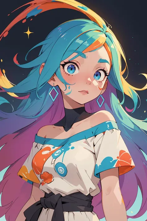 (Colored Hair: 1.8), (Rainbow Speckle: 2.6), (Rainbow Color Explosion: 2.8), (Color Art), (Solo: 1.9), (Front: 1.6), (All Colors of Rainbow: 2.8), (Rainbow Ink: 2.6), (Rainbow Ink Painting: 2.6), (Above Waist: 2.2), white off-the-shoulder shirt, great figure, (Sexy: 1.2), (Close-up: 1.8), looking at audience, large, watery eyes, (Rainbow hair: 1.6), color splash, solo, (Color Splash: 1.8), (Color Explosion: 2.1), messy lines, beautiful, (Mandala: 1.6), ((sparkling)), (Vibrant Colors), most beautiful chaotic form, elegant, wild design, vivid colors, romanticism, atmospheric, soul-stirring notes, (Fractal Art: 1.8), (Masterful Color Matching: 2.4), (Rainbow Smoke: 2.5), color, (Splash) (Color Splash), standing portrait, upper body, paint splash, acrylic paint, gradient, paint, highest image quality, masterpiece, solo, depth-of-field, facial painting, colorful clothing, (Elegant: 1.2), gorgeous, long hair, wind, (Elegant: 1.3), (Wild Design: 2.4), ((Masterpiece)), (Best Quality), (Super High Detail), (Illustration), (Dynamic Angle), (Graceful), (Painting), (Colored Hair), (Striped Hair), beautiful and delicate eyes, (Gradient Eyes), (Colored Eyes), (Color Explosion Background).