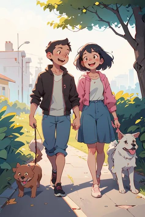 Snatti style,illustration of Couple walking dog,laughing,masterpiece,best quality,art by Atey Ghailan,<lora:GoodHands-vanilla:1>