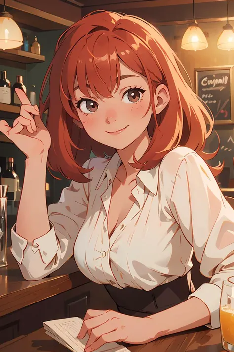 a close up photo of a 20 year old french woman in a blouse at a bar, seductive smile, ginger hair, cinematic light, film still,<lora:GoodHands-beta2:1>,