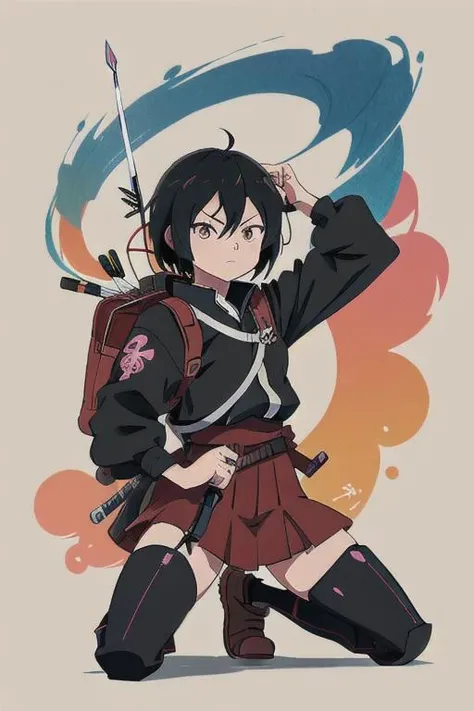 anime girl with a sword and a backpack kneeling down, badass anime 8 k, female action anime girl, she is holding a katana sword, unsheathing her katana, dramatic wielding katana pose, anime girl with a bow and arrow, 4 k manga wallpaper, anime style 4 k, katana, demon slayer rui fanart, mikasa ackerman