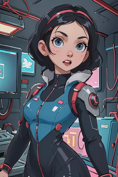 <lora:SnowWhite_character-20:0.65> SnowPrincessw, black hair, cute face, casual outfit , (cyberpunk settings, (indoors , conapt, night, dark, darkness), futuristic clothes) (, science-fiction , cyberfashion dress , mechanical parts , hacker , wires, technology , neon lights) , sexually suggestive, petite supermodel, toned body, (medium breasts), beautifully detailed woman, detailed mouth, extremely detailed eyes_and_face, beautiful attractive face, beautiful detailed eyes, pronounced feminine feature, eyeliner, perfect body , high quality, beautifully detailed