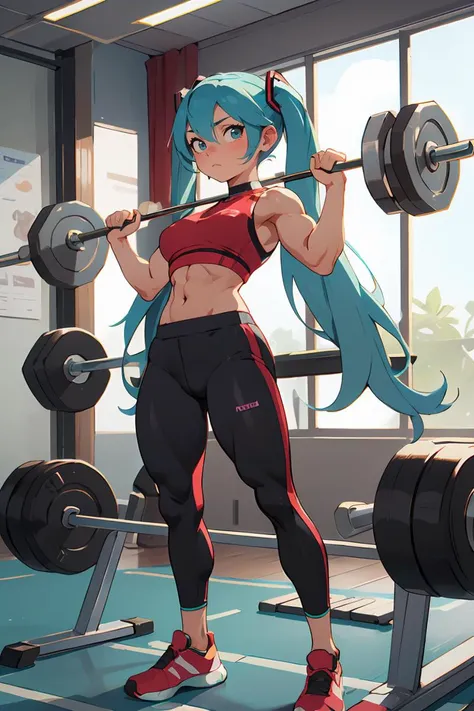Hatsune Miku,Wearing track suit,Intensive training in the bodybuilding gym,buff,looking a viewer,weights,musculature,workout,Thigh muscles,muscle arm,abs,(muscular female,muscular legs), <lora:GoodHands-beta2:1>