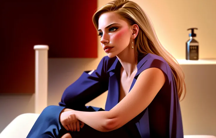 A stunning intricate full color portrait of sks woman, Ana Kasparian In a pants suit, epic character composition, sitting on the toilet <lyco:anaKasparian_v10:1.3>