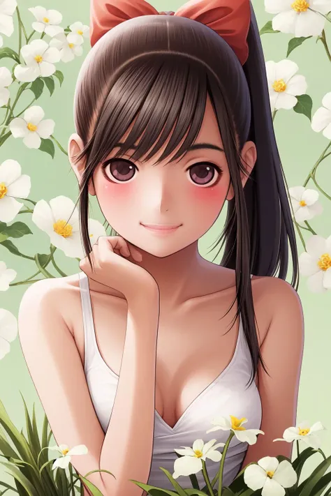 portrait, solo, 1girl, black hair, long hair, bangs, high ponytail, hairbow, looking at viewer, smile, blush, medium breasts, sunbeam, Snake_Plant \(flower\), floral background <lora:mino_tarou_loveplus_style_v01:1>