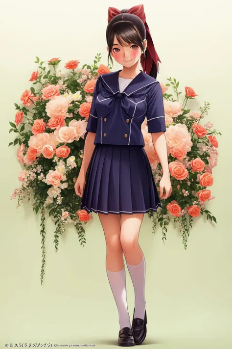 full body, solo, 1girl, black hair, high ponytail, hairbow, looking afar, smile, blush, medium breasts, school uniform, day, Rose_Bridal_White \(flower\), floral background <lora:mino_tarou_loveplus_style_v01:1>