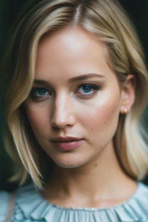 photoshoot of jwl , (blonde hair), , detailed skin texture, (blush:0.2), (goosebumps:0.3), (light blue dress), subsurface scattering, Photorealistic, Hyperrealistic, Hyperdetailed, analog style, hip cocked, demure, detailed skin, matte skin, soft lighting, subsurface scattering, realistic, heavy shadow, masterpiece, best quality, ultra realistic, 8k, golden ratio, Intricate, High Detail, film photography, soft focus,<lyco:JenniferLawrence-RealVision-V1.0:1.0>