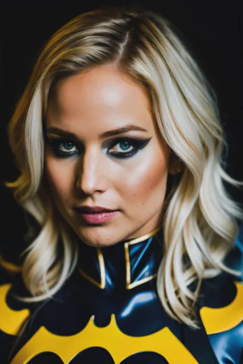 photoshoot of jwl dressed as batgirl, (blonde hair), detailed skin texture, subsurface scattering, Photorealistic, Hyperrealistic, Hyperdetailed, analog style, hip cocked, demure, soft lighting, subsurface scattering, realistic, heavy shadow, masterpiece, best quality, ultra realistic, 8k, golden ratio, Intricate, High Detail, film photography, soft focus,<lyco:JenniferLawrence-RealVision-V1.0:1.0>