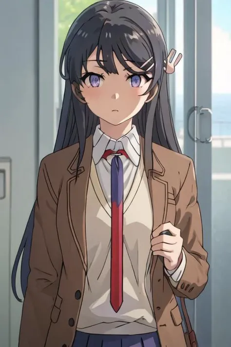 best quality, masterpiece, highres, solo, {sakurajima_mai_seishunbutayarou:1.15}, long_hair, black_hair, hair_ornament, hairclip, purple_eyes, rabbit_hair_ornament, blue_eyes, bangs, necktie, 1girl, brown_jacket, jacket, pov, red_necktie, school_uniform, shirt, white_shirt, looking_at_viewer, solo_focus