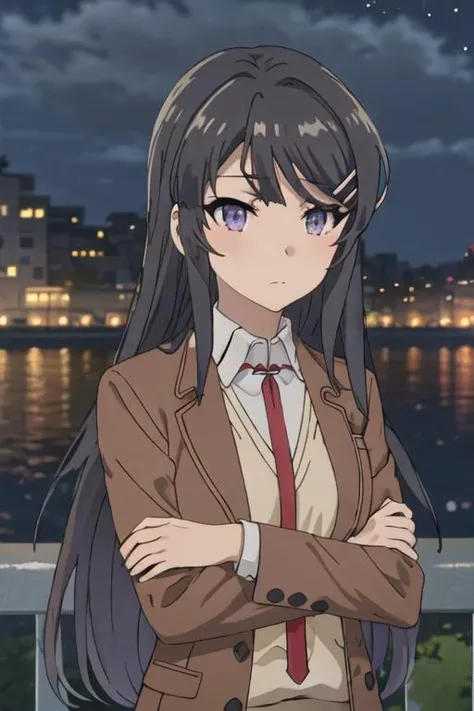 best quality, masterpiece, highres, solo, {sakurajima_mai_seishunbutayarou:1.15}, long_hair, black_hair, hair_ornament, hairclip, purple_eyes, rabbit_hair_ornament, blue_eyes, bangs, necktie, 1girl, blazer, brown_jacket, collared_shirt, from_side, jacket, night, night_sky, outdoors, profile, red_necktie, school_uniform, shirt, sky, upper_body, white_shirt, closed_mouth, railing