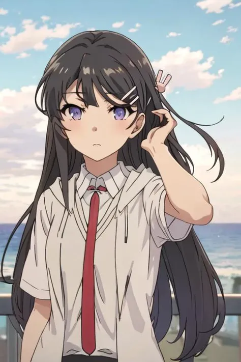 best quality, masterpiece, highres, solo, {sakurajima_mai_seishunbutayarou:1.15}, long_hair, black_hair, hair_ornament, hairclip, purple_eyes, rabbit_hair_ornament, blue_eyes, bangs, necktie, 1girl, hood, shirt, hoodie, outdoors, upper_body, looking_at_viewer, cloud, sky, white_shirt