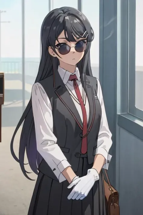 best quality, masterpiece, highres, solo, {black business suit:1.40}, {tie:1.20}, {sunglasses:1.25}, {white gloves:1.15}, {white shirt:1.10}, {black skirt:1.15}, {smoking:1.20}, handsome, {hana_shirosaki_watashinitenshigamaiorita:1.15}, black_hair, long_hair, bangs, blush, blue_eyes, hair_between_eyes, hair_ornament, closed_mouth, flower, hair_flower, pink_flower