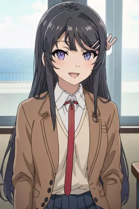 best quality, masterpiece, highres, solo, {sakurajima_mai_seishunbutayarou:1.15}, long_hair, black_hair, hair_ornament, hairclip, purple_eyes, rabbit_hair_ornament, blue_eyes, bangs, necktie, brown_hair, open_mouth, 1boy, 1girl, looking_at_another, blue_shirt, jacket, shirt, smile