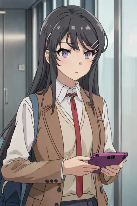 best quality, masterpiece, highres, solo, {sakurajima_mai_seishunbutayarou:1.15}, long_hair, black_hair, hair_ornament, hairclip, purple_eyes, rabbit_hair_ornament, blue_eyes, bangs, necktie, 1girl, brown_jacket, cellphone, holding, holding_phone, jacket, phone, red_necktie, school_uniform, shirt, smartphone, upper_body, white_shirt, blazer, closed_mouth, looking_at_phone
