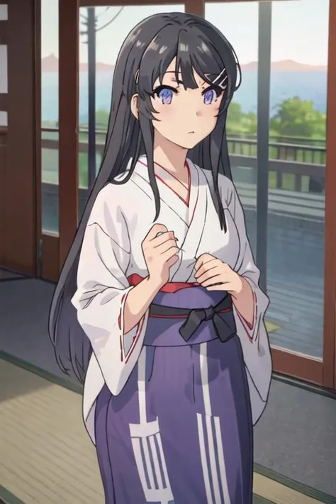 best quality, masterpiece, highres, solo, {yukata:1.40}, {kimono:1.20}, {sakurajima_mai_seishunbutayarou:1.15}, long_hair, black_hair, hair_ornament, hairclip, purple_eyes, rabbit_hair_ornament, blue_eyes, bangs, necktie