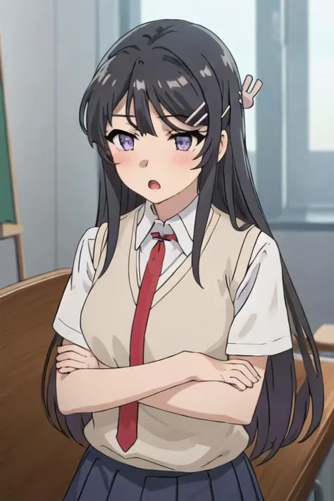 best quality, masterpiece, highres, solo, {sakurajima_mai_seishunbutayarou:1.15}, long_hair, black_hair, hair_ornament, hairclip, purple_eyes, rabbit_hair_ornament, blue_eyes, bangs, necktie, 1girl, closed_eyes, red_necktie, school_uniform, shirt, upper_body, white_shirt, open_mouth, blush, sweater_vest