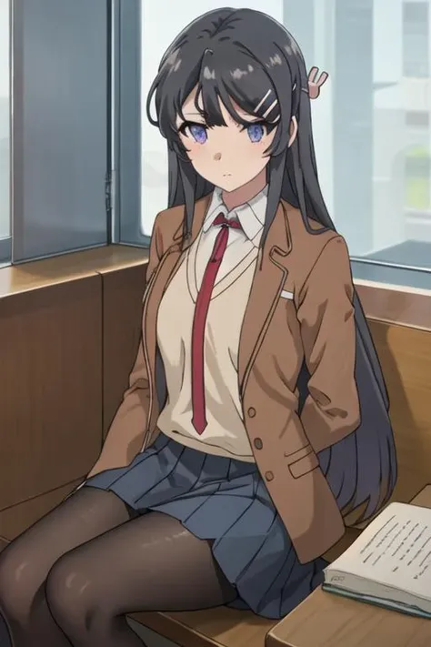 best quality, masterpiece, highres, solo, {sakurajima_mai_seishunbutayarou:1.15}, long_hair, black_hair, hair_ornament, hairclip, purple_eyes, rabbit_hair_ornament, blue_eyes, bangs, necktie, 1girl, black_pantyhose, brown_jacket, jacket, pantyhose, pleated_skirt, red_necktie, school_uniform, shirt, skirt, white_shirt, blazer, looking_at_viewer, sitting, blue_skirt