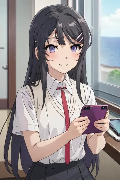 best quality, masterpiece, highres, solo, {sakurajima_mai_seishunbutayarou:1.15}, long_hair, black_hair, hair_ornament, hairclip, purple_eyes, rabbit_hair_ornament, blue_eyes, bangs, necktie, 1girl, blush, cellphone, holding, holding_phone, indoors, phone, profile, smartphone, smile, from_side, shirt, white_shirt, short_sleeves, upper_body