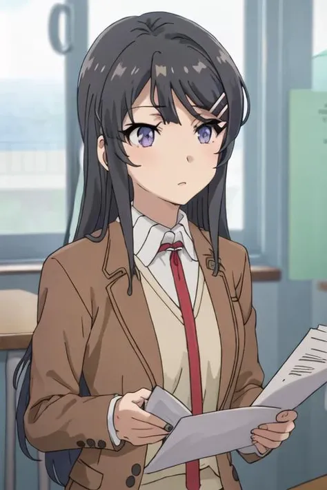 best quality, masterpiece, highres, solo, {sakurajima_mai_seishunbutayarou:1.15}, long_hair, black_hair, hair_ornament, hairclip, purple_eyes, rabbit_hair_ornament, blue_eyes, bangs, necktie, 1girl, brown_jacket, holding, jacket, paper, red_necktie, school_uniform, shirt, blazer, upper_body