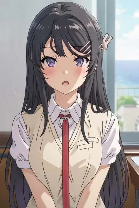 best quality, masterpiece, highres, solo, {sakurajima_mai_seishunbutayarou:1.15}, long_hair, black_hair, hair_ornament, hairclip, purple_eyes, rabbit_hair_ornament, blue_eyes, bangs, necktie, 1girl, blurry, blush, collarbone, indoors, purple_shirt, shirt, upper_body, open_mouth