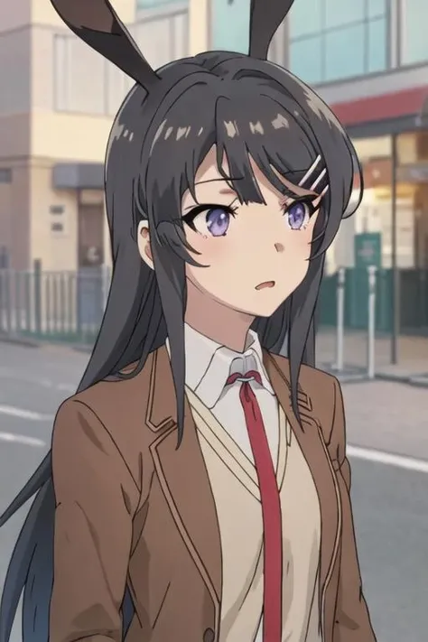 best quality, masterpiece, highres, solo, {sakurajima_mai_seishunbutayarou:1.15}, long_hair, black_hair, hair_ornament, hairclip, purple_eyes, rabbit_hair_ornament, blue_eyes, bangs, necktie, 1girl, blazer, brown_jacket, closed_mouth, collared_shirt, from_side, jacket, profile, red_necktie, school_uniform, shirt, upper_body, white_shirt
