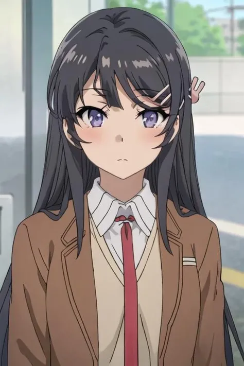 best quality, masterpiece, highres, solo, {sakurajima_mai_seishunbutayarou:1.15}, long_hair, black_hair, hair_ornament, hairclip, purple_eyes, rabbit_hair_ornament, blue_eyes, bangs, necktie, 1girl, anime_coloring, blush, closed_mouth, hood, hoodie, portrait, parody, shirt