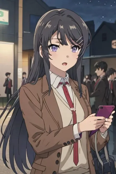 best quality, masterpiece, highres, solo, {sakurajima_mai_seishunbutayarou:1.15}, long_hair, black_hair, hair_ornament, hairclip, purple_eyes, rabbit_hair_ornament, blue_eyes, bangs, necktie, 1girl, blazer, brown_jacket, cellphone, closed_eyes, holding, holding_phone, jacket, phone, school_uniform, shirt, smartphone, talking_on_phone, red_necktie, white_shirt, upper_body, night, open_mouth, sky