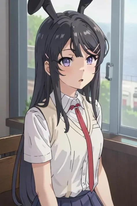 best quality, masterpiece, highres, solo, {sakurajima_mai_seishunbutayarou:1.15}, long_hair, black_hair, hair_ornament, hairclip, purple_eyes, rabbit_hair_ornament, blue_eyes, bangs, necktie, 1girl, ribbon, shirt, short_sleeves, blue_ribbon, looking_at_viewer, closed_mouth, crossed_arms, upper_body, skirt, white_shirt