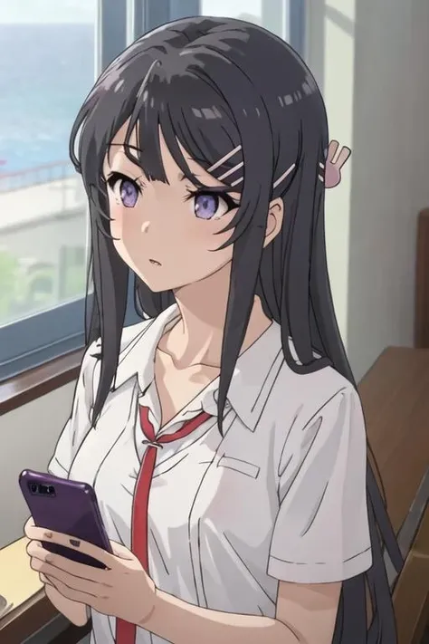 best quality, masterpiece, highres, solo, {sakurajima_mai_seishunbutayarou:1.15}, long_hair, black_hair, hair_ornament, hairclip, purple_eyes, rabbit_hair_ornament, blue_eyes, bangs, necktie, 1girl, blurry, blurry_background, bow, collarbone, depth_of_field, holding, holding_phone, indoors, phone, purple_shirt, talking_on_phone, cellphone, shirt, upper_body, closed_mouth, parted_lips, white_bow, window