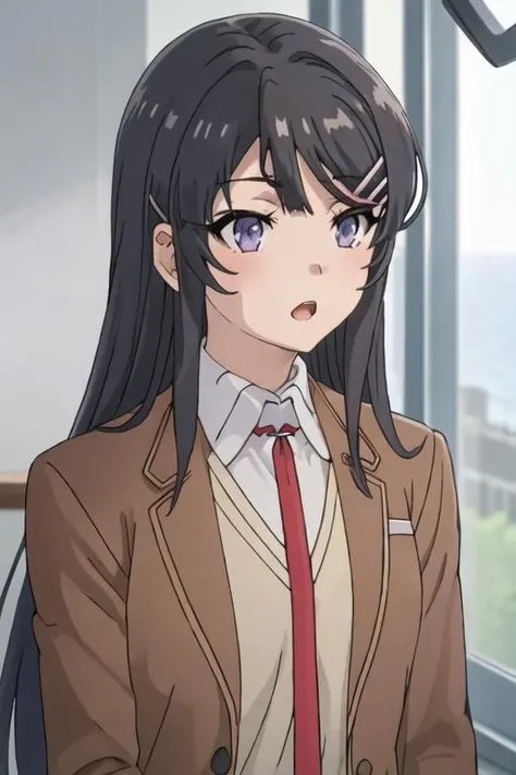 best quality, masterpiece, highres, solo, {sakurajima_mai_seishunbutayarou:1.15}, long_hair, black_hair, hair_ornament, hairclip, purple_eyes, rabbit_hair_ornament, blue_eyes, bangs, necktie, 1girl, blazer, brown_jacket, collared_shirt, jacket, open_mouth, red_necktie, school_uniform, shirt, white_shirt, upper_body, blurry_background