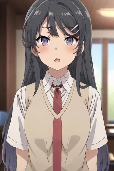 best quality, masterpiece, highres, solo, {sakurajima_mai_seishunbutayarou:1.15}, long_hair, black_hair, hair_ornament, hairclip, purple_eyes, rabbit_hair_ornament, blue_eyes, bangs, necktie, 1girl, open_mouth, red_necktie, school_uniform, shirt, sweater_vest, white_shirt, blurry, collared_shirt, looking_at_viewer, indoors, upper_body, blush, blurry_background