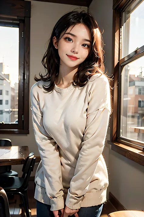 edgy pinterest woman,20 years old,wearing a oversized sweater,happy,dimples,natural look,sunny,soft lighting,emotional,grainy,<lora:lovelyMixGirl_V1:0.8>,