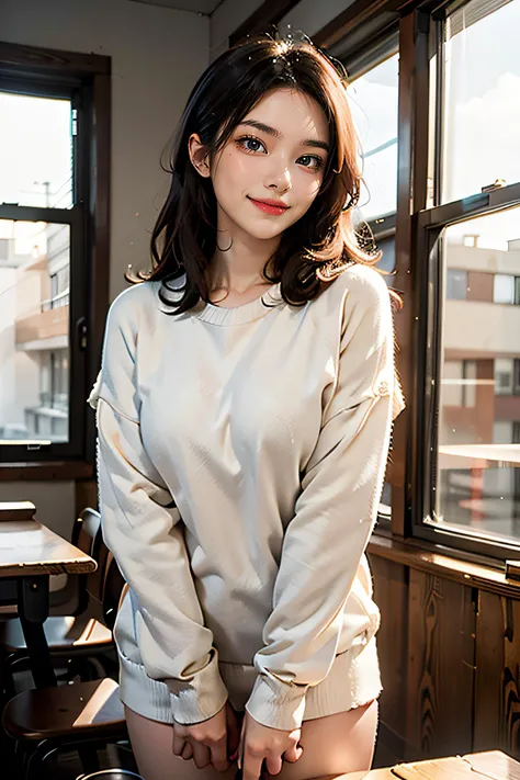 edgy pinterest woman,20 years old,wearing a oversized sweater,happy,dimples,natural look,sunny,soft lighting,emotional,grainy,<lora:lovelyMixGirl_V1:0.8>,