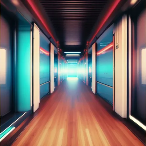 photo (ColonyCorridor:1) (Siliconpunk:1) House interior, wooden floors, 1990's decor, vibrant colors