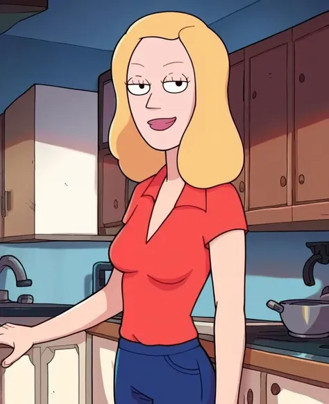 score_9,score_8_up,score_7_up,score_6_up, source_cartoon,
woman, b_s, blonde hair, black eyes,red t-shirt, blue jeans, looking at viewer, smiling, standing, inside kitchen, counter, bright lighting, <lora:BethSmith:.9>