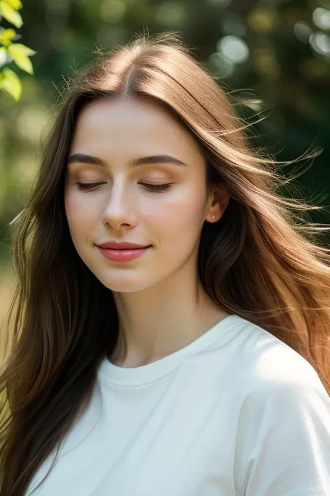 (masterpiece), a stunning intricate real camera portrait of dasha taran wearing white tee, taaarannn, masterpiece, best quality, unity 8k wallpaper, ((photorealistic:1.4)), ultra detailed, extremely detailed, elegant, beautiful, romanticism, 1girl, alluring, pale skin, long hair, (hair blowing with the wind), ((detailed hair)), front shot, face focus, film grain, Fujifilm XT3, realistic pores_skin, <lora:isnot.dashataran:1>, <lora:more_details:0.1>, (closed eyes), ((closed smile))